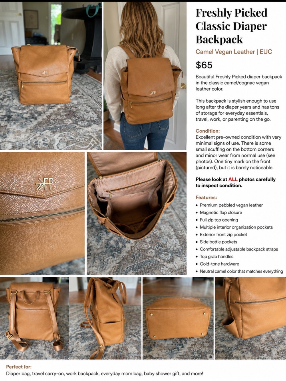 Freshly Picked Classic Diaper Backpack | Camel Vegan Leather